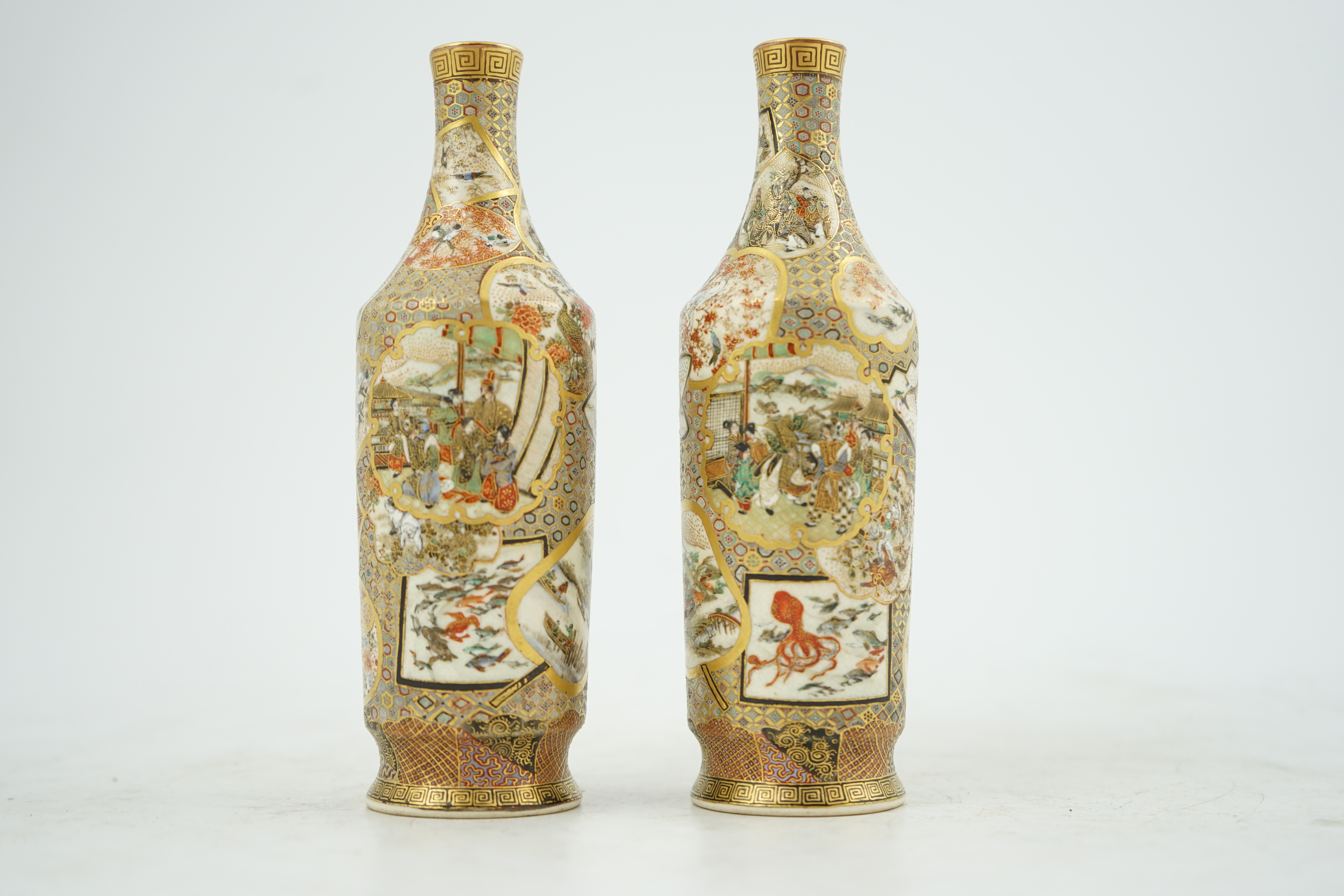 A pair of Japanese Satsuma bottle vases, Meiji period